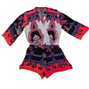 Angie Womens Romper L‎ One Piece Culotte Kimono Sleeve Wrap Boho Artsy Colorful